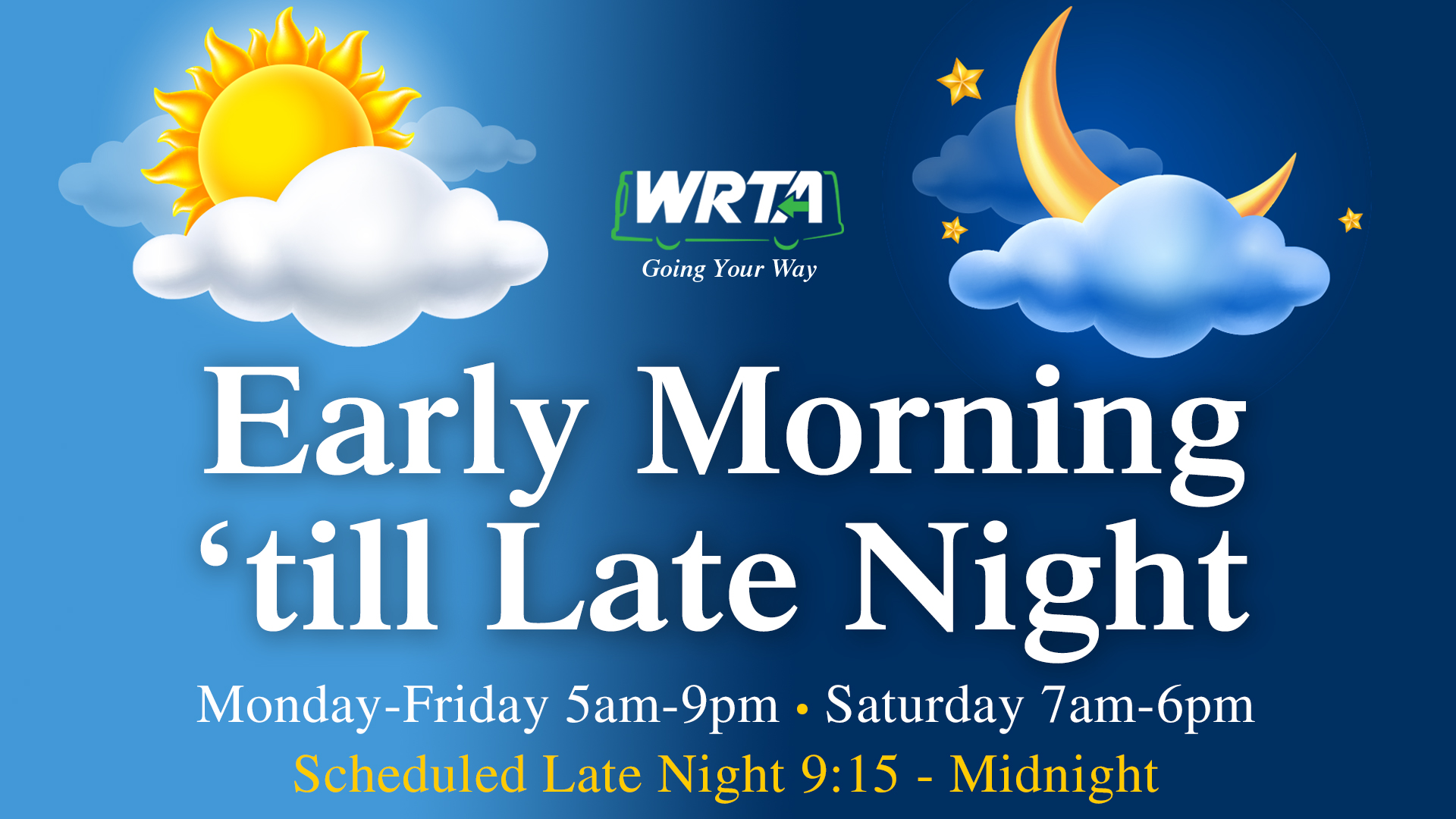 WRTA service hours, destinations, annual ridership, and fare information