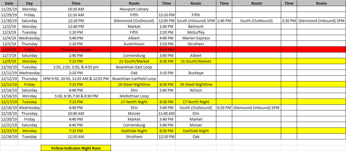 2019 Holiday Bus Schedule